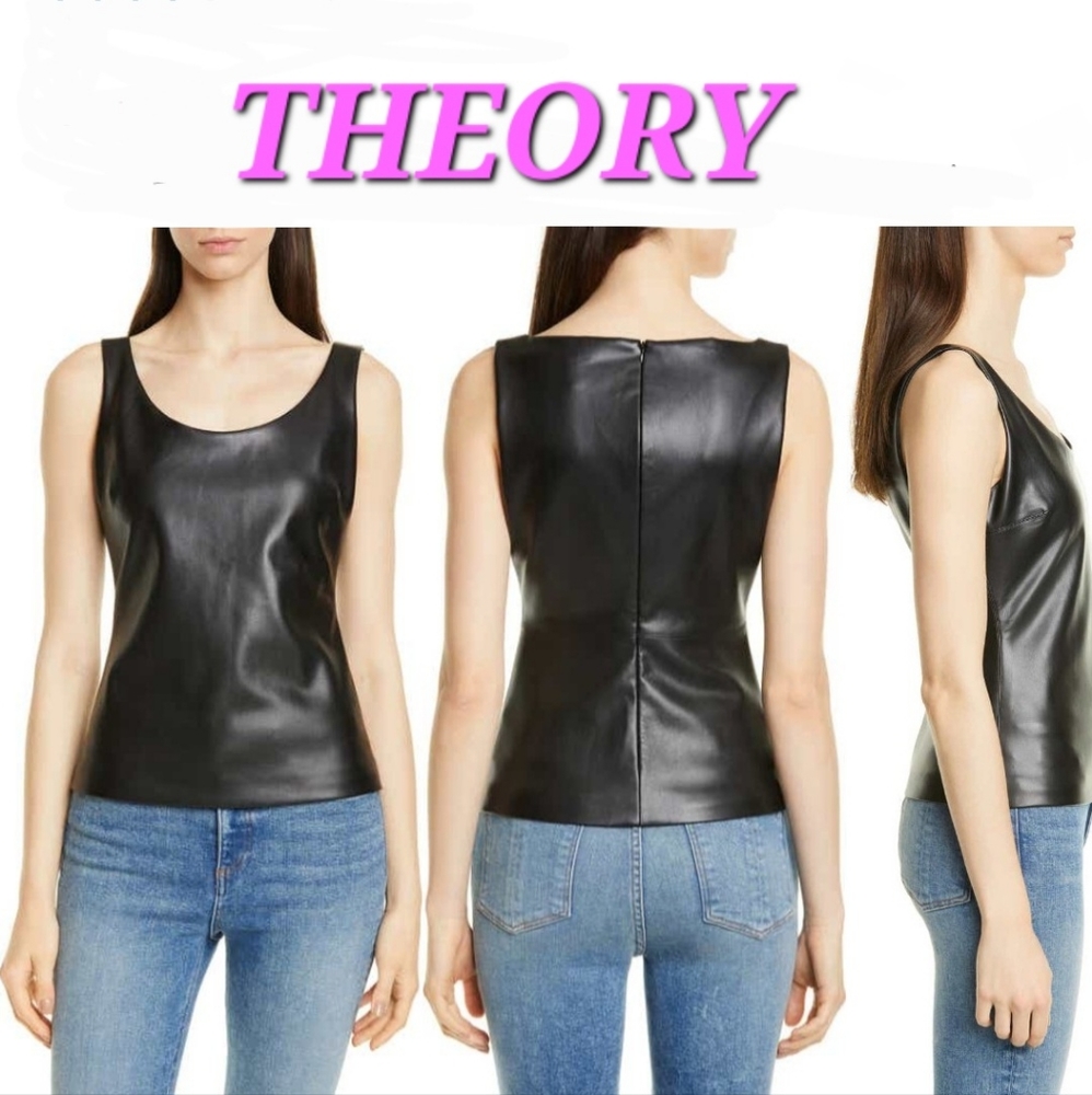 THEORY Scoop Neck Faux Leather Tank Top in Black size Medium